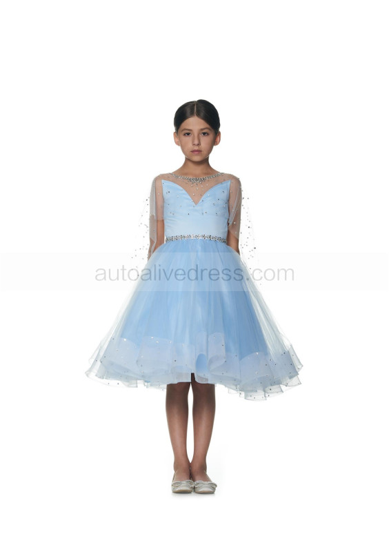 Cape Sleeves Blue Beaded Tulle Flower Girl Dress